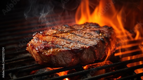 Cooking steaks on a fiery grill, skillfully captured with selective focus to accentuate the dynamic and delicious grilling experience.