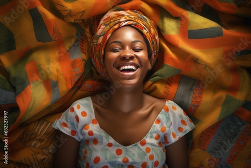 Content Happy african woman bed. Relax awake. Generate Ai © juliars