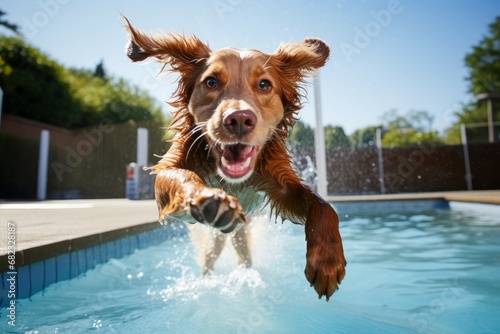 Exciting Dog jump in pool. Happy swimming. Generate Ai