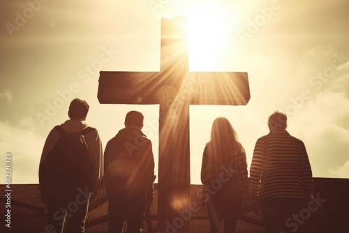 Christian youth around wooden christian cross. Christian community, church worship, camp concept. Faith in Jesus Christ