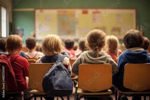 Schoolchildren learning in school, a view from behind. Education.