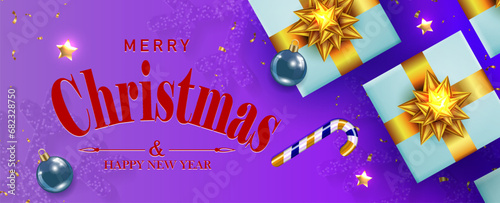 Christmas festive purple composition with gift boxes, golden shiny bows.