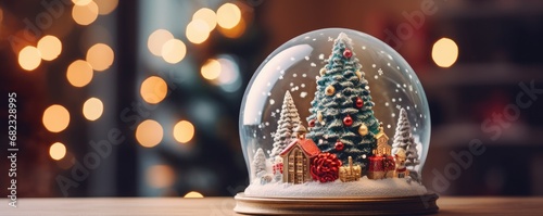 Magical christmas snow globe, snowy winter scenery, panorama. Generative Ai.