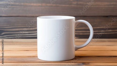 A pure white ceramic mug on a wooden table  AI generated illustration