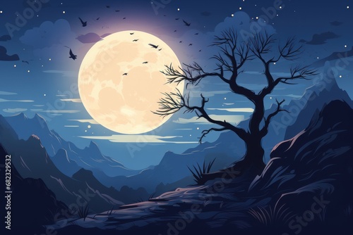  a night scene with a full moon in the sky and a tree in the foreground with birds flying in the sky and a mountain range in the foreground.