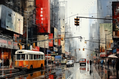  a painting of a city street with a bus on the road and people walking on the side of the street with umbrellas and cars on the side of the street.