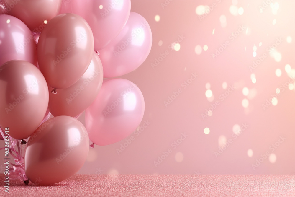 The wallpaper of many pink helium balloons flying on a gradient pink and yellow background with metallic glitter and bokeh lights in a party celebration. Generative AI.