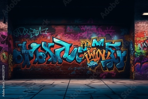 Dark brick wall graffiti background photo