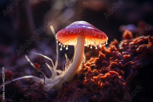  a close up of a mushroom with drops of water on it's top and bottom of it's head, sitting on a bed of mossy ground.