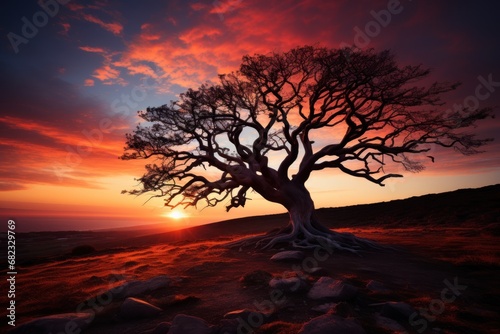  a lone tree sitting on top of a hill under a red and blue sky with a sun setting in the distance in the middle of the middle of the picture.