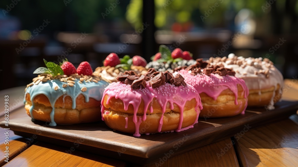  a wooden table topped with donuts covered in frosting and toppings and topped with strawberries and raspberries on top of the donuts are covered in icing and sprinkles.