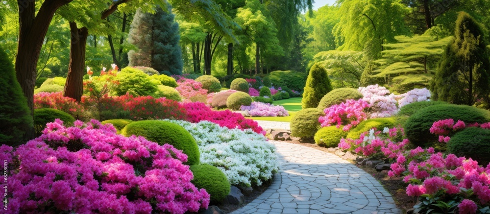 picturesque summer landscape, the lush green garden served as the vibrant background to the colorful floral display, showcasing the beauty of nature with white, pink, and various other shades blooming