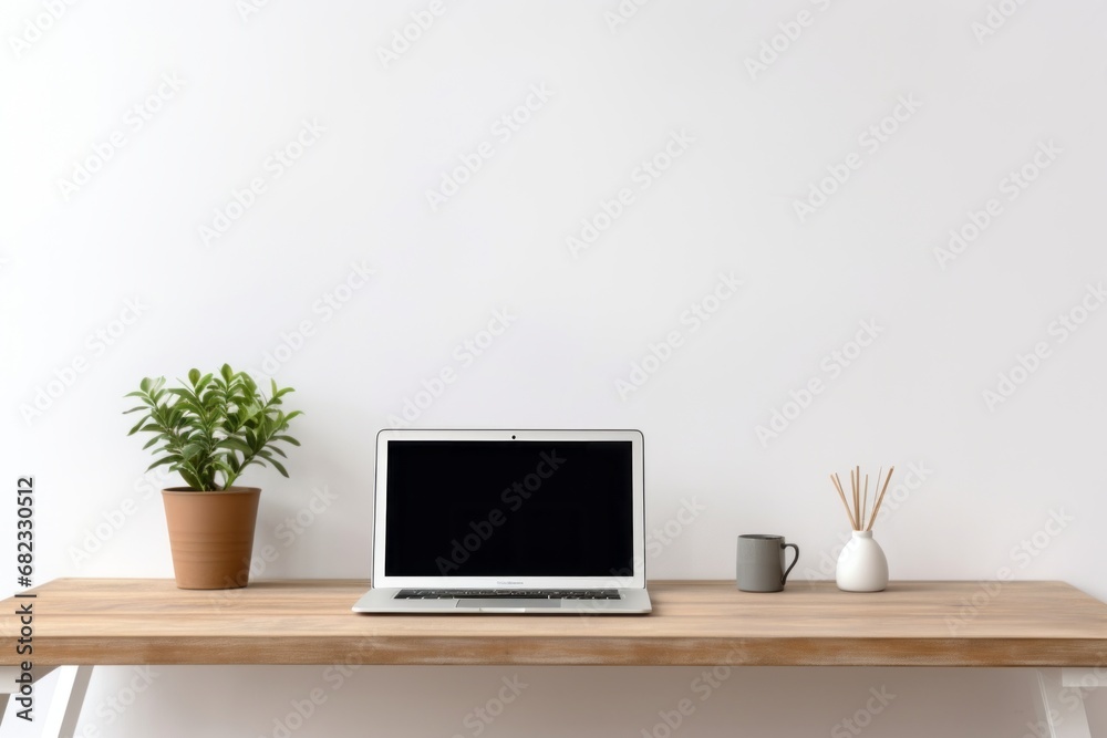 Copy space mockup template laptop monitor with a black screen on a wooden table. Cozy minimalistic workplace at home, white wall. Generative AI. Copy space mockup template laptop monitor with a black screen on a wooden table. Cozy minimalistic workplace at home, white wall. Generative AI.