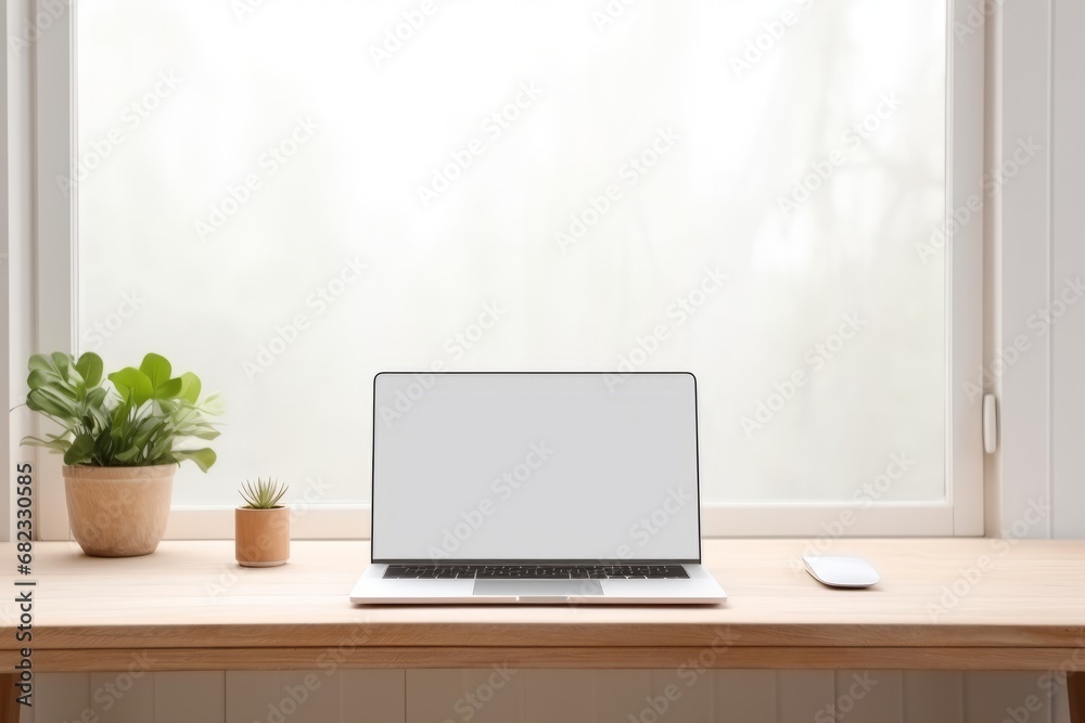 Copy space mockup template laptop monitor with a white screen on a wooden table. Cozy minimalistic workplace at home near window, Generative AI. Copy space mockup template laptop monitor with a white screen on a wooden table. Cozy minimalistic workplace at home near window, Generative AI.