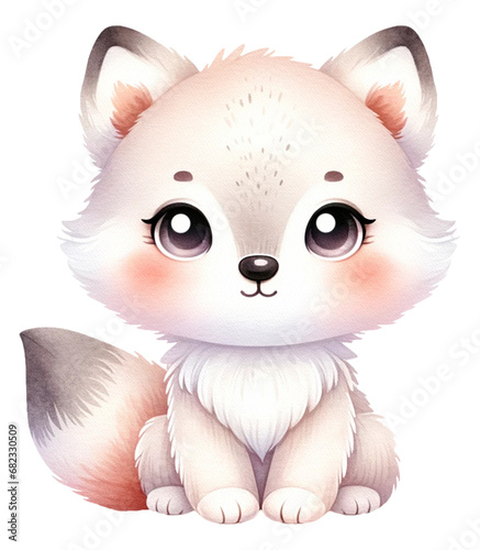 An adorable watercolor arctic fox clipart perfectly isolated, with soft natural watercolor texture