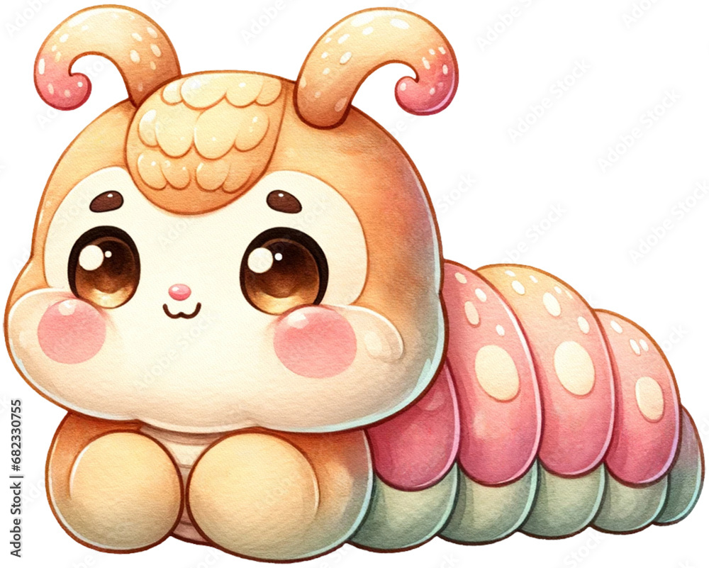 Naklejka premium An adorable watercolor caterpillar clipart perfectly isolated, with soft natural watercolor texture