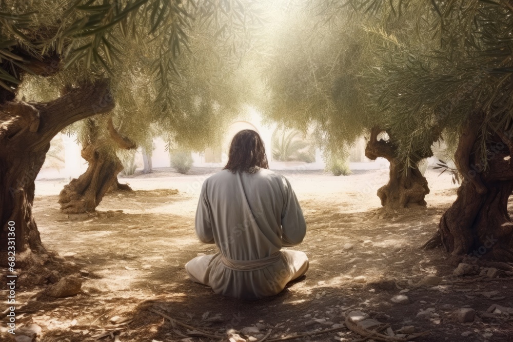 Jesus in agony praying in Gethsemane garden of olives before his crucifixion. Good Friday, Passion, Easter concept. Christian religion, faith, Salvation - obrazy, fototapety, plakaty 