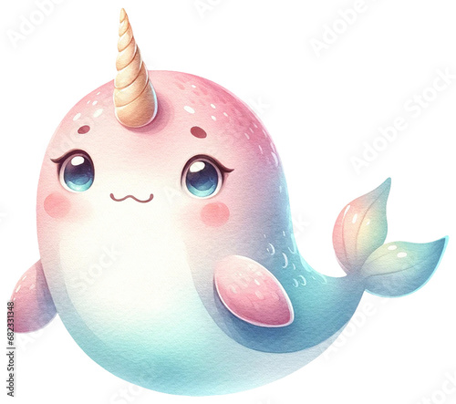 An adorable watercolor narwhal clipart perfectly isolated, with soft natural watercolor texture