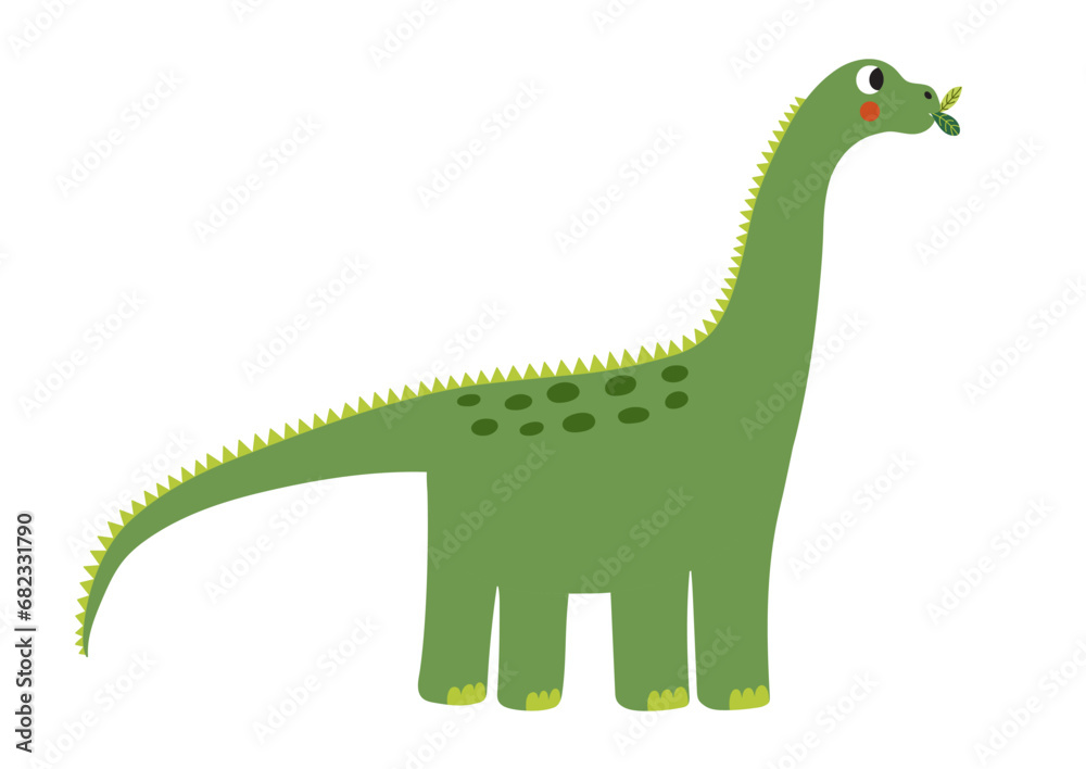 Cute brachiosaurus animal isolated on white background. Funny green dinosaur diplodocus eating leaves. Vector illustration Cute brachiosaurus animal isolated on white background. Funny green dinosaur diplodocus eating leaves. Vector illustration