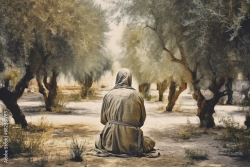Jesus in agony praying in Gethsemane garden of olives before his crucifixion. Good Friday, Passion, Easter concept. Christian religion, faith, Salvation