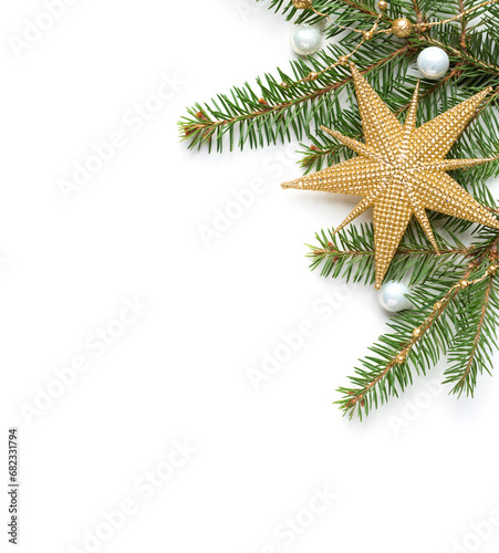 Fir branch with Christmas decorations  isolated on white  background.