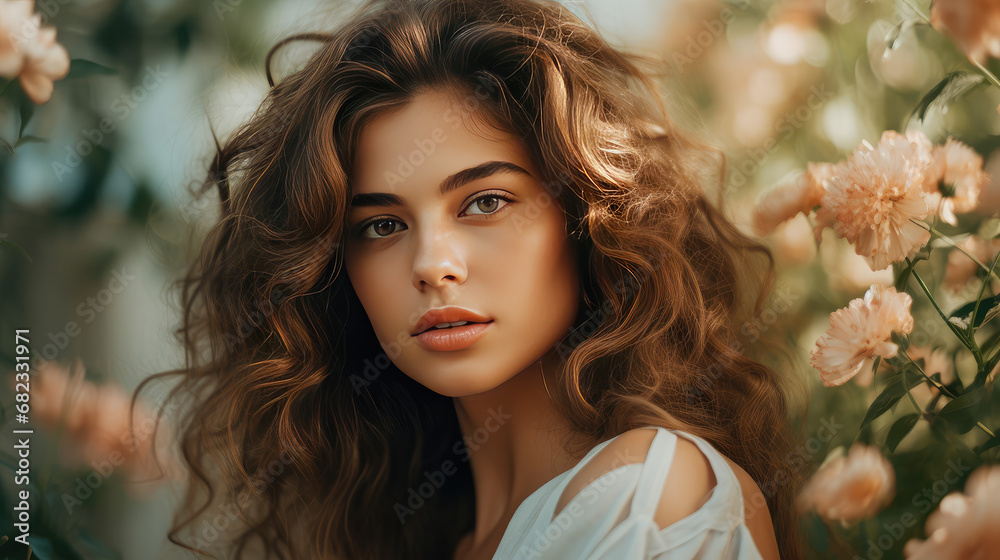 Portrait of a young beautiful woman surrounded by many blooming flowers. Creative concept of femininity, tenderness, blooming and natural beauty. Portrait of a young beautiful woman surrounded by many blooming flowers. Creative concept of femininity, tenderness, blooming and natural beauty.