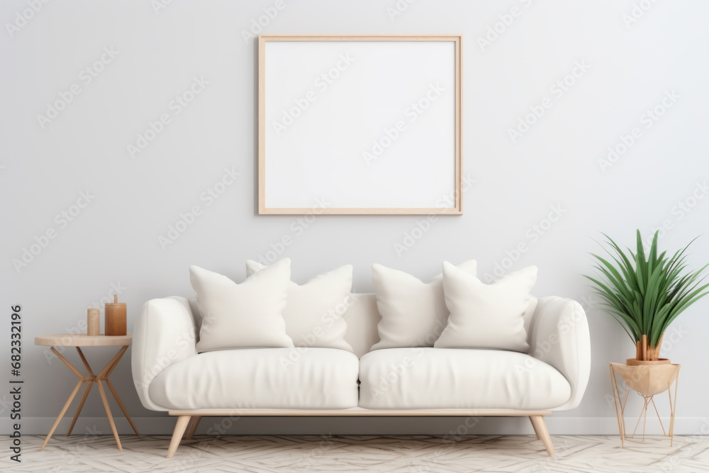 A wooden frame with a picture or photo on white wall in a colorful cozy modern interior. Copy space mockup template. Generative AI. A wooden frame with a picture or photo on white wall in a colorful cozy modern interior. Copy space mockup template. Generative AI.