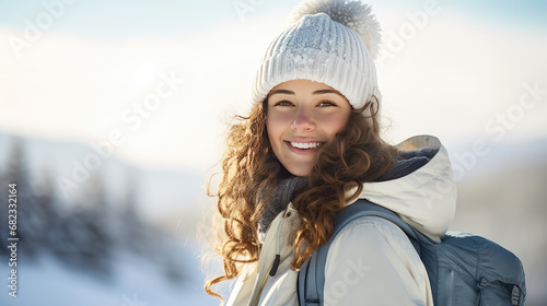 Portrait young smiling female snowboarder in sporty winter clothes against sunny snowy nature background. Skiing on snowboard, winter activities, copy space.