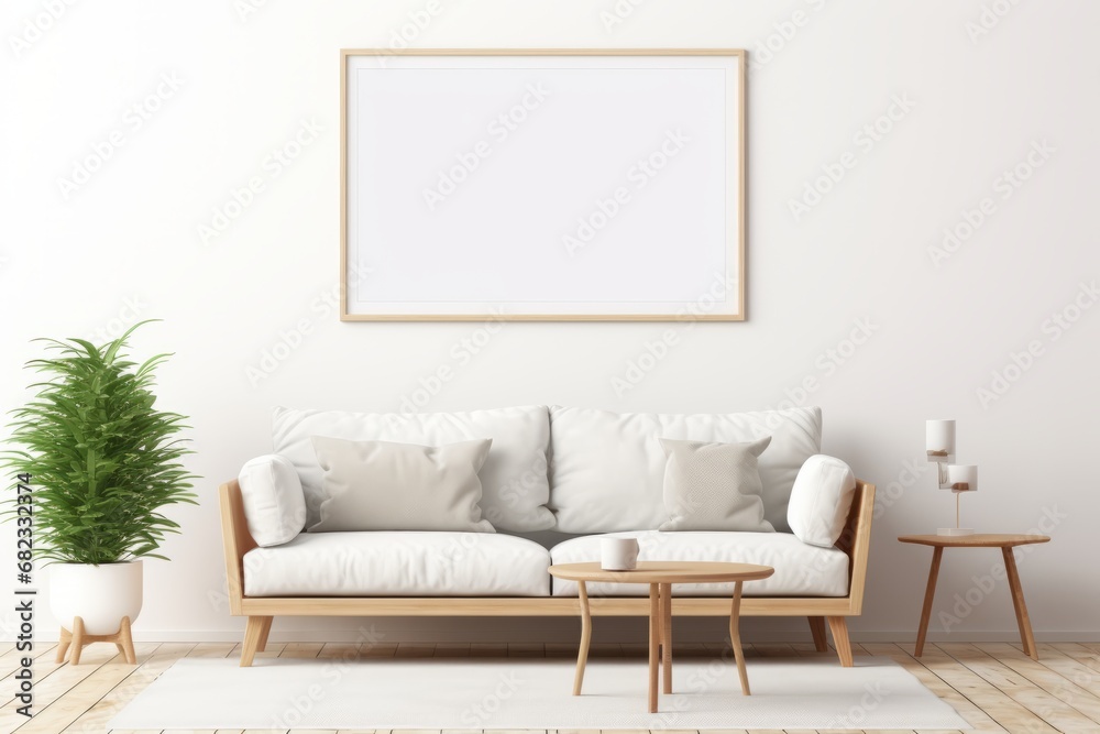 A wooden frame with a picture or photo on white wall in a colorful cozy modern interior. Copy space mockup template. Generative AI. A wooden frame with a picture or photo on white wall in a colorful cozy modern interior. Copy space mockup template. Generative AI.