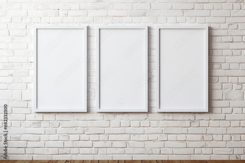 Three wooden frames with a pictures or photos on white brick wall in modern interior. Copy space mockup template. Generative AI. Three wooden frames with a pictures or photos on white brick wall in modern interior. Copy space mockup template. Generative AI.