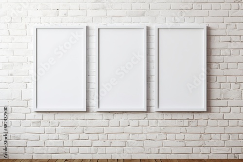 Three wooden frames with a pictures or photos on white brick wall in modern interior. Copy space mockup template. Generative AI.