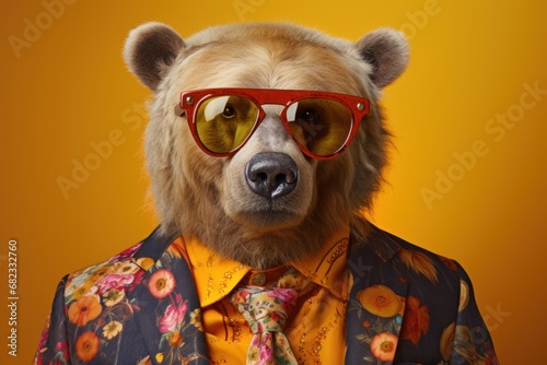  a close up of a person wearing a suit and tie with a bear's head wearing sunglasses and a shirt with a flower print on it and a yellow background.