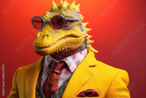  a close up of a person in a suit and tie with a lizard head wearing glasses and a yellow jacket and tie with a red background with a red backdrop.