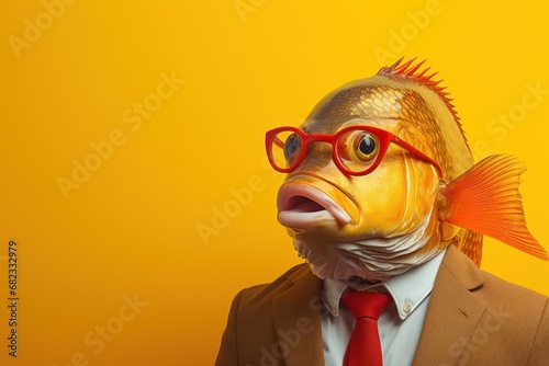  a man in a suit and tie with a fish mask on his face and a red tie on his neck and red glasses on his face  against a yellow background.