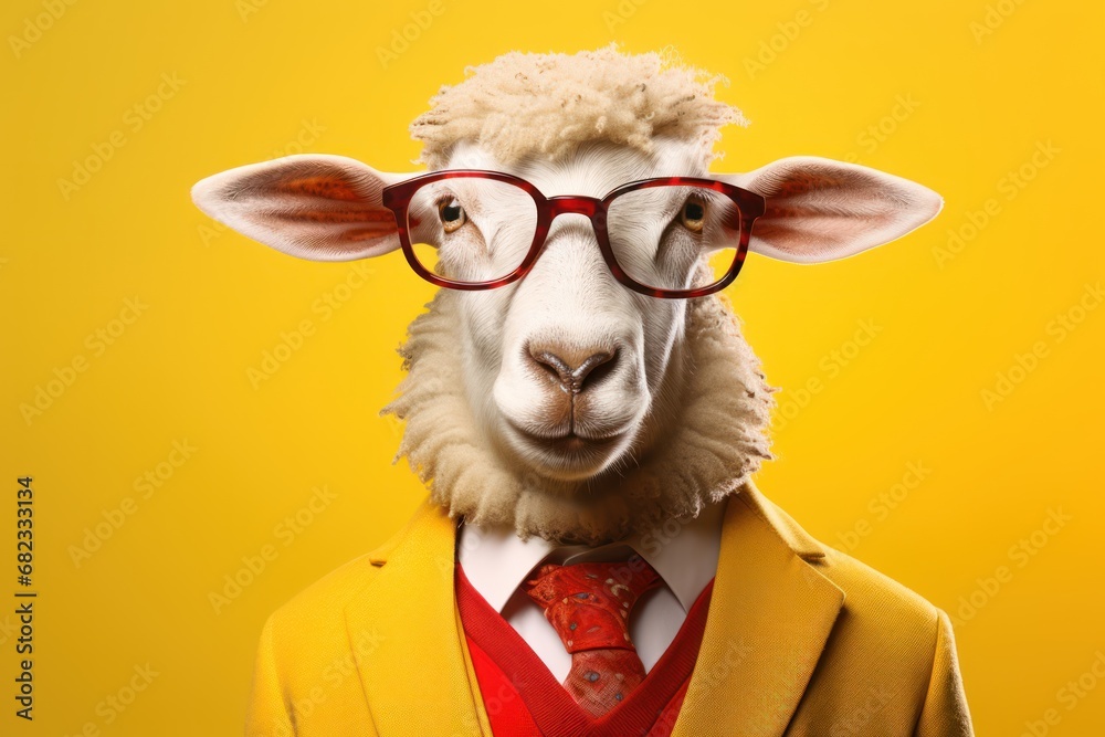 a sheep wearing a suit and tie with glasses on it's head and wearing a red tie and red rimmed glasses on it's head, against a yellow background. a sheep wearing a suit and tie with glasses on it's head and wearing a red tie and red rimmed glasses on it's head, against a yellow background.