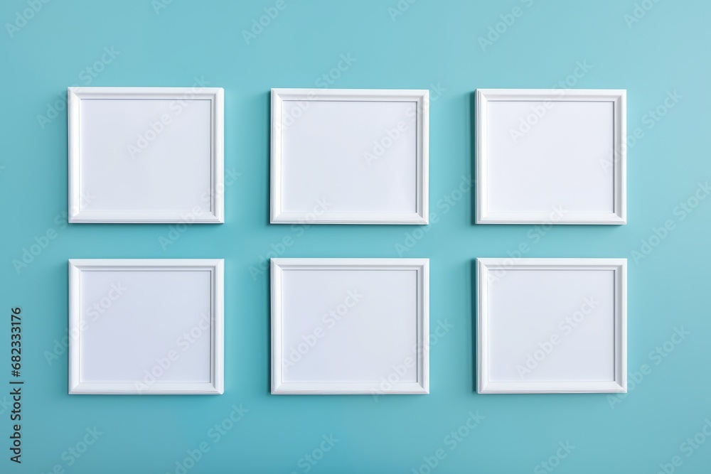 Six wooden frames with a pictures or photos on blue wall in modern minimalistic home interior. Copy space white mockup template. Generative AI. Six wooden frames with a pictures or photos on blue wall in modern minimalistic home interior. Copy space white mockup template. Generative AI.