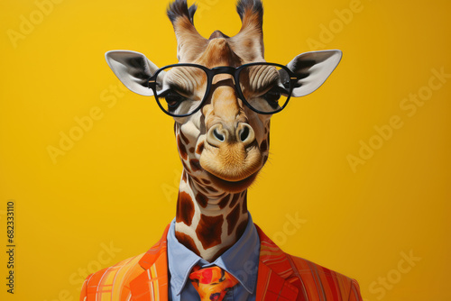  a giraffe wearing glasses and a suit with a tie and glasses on it's head, with a yellow background, with a yellow backdrop and a giraffe in the foreground.