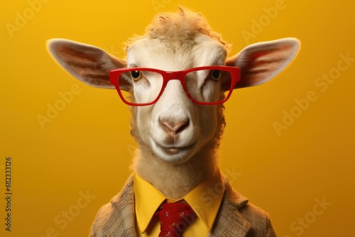  a sheep wearing a suit and tie with red glasses on it's head and a red tie on it's head, against a yellow background, with a yellow backdrop.