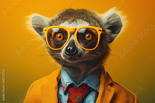  a close up of a person wearing a suit and sunglasses with a raccoon wearing a suit and tie with a tie and glasses on his head and a yellow background.