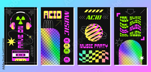 Rave posters for acid techno party or electronic music festival. Surreal vector illustration in psychedelic style. Flyers with abstract geometric shapes, disco elements and holographic rainbow frame.