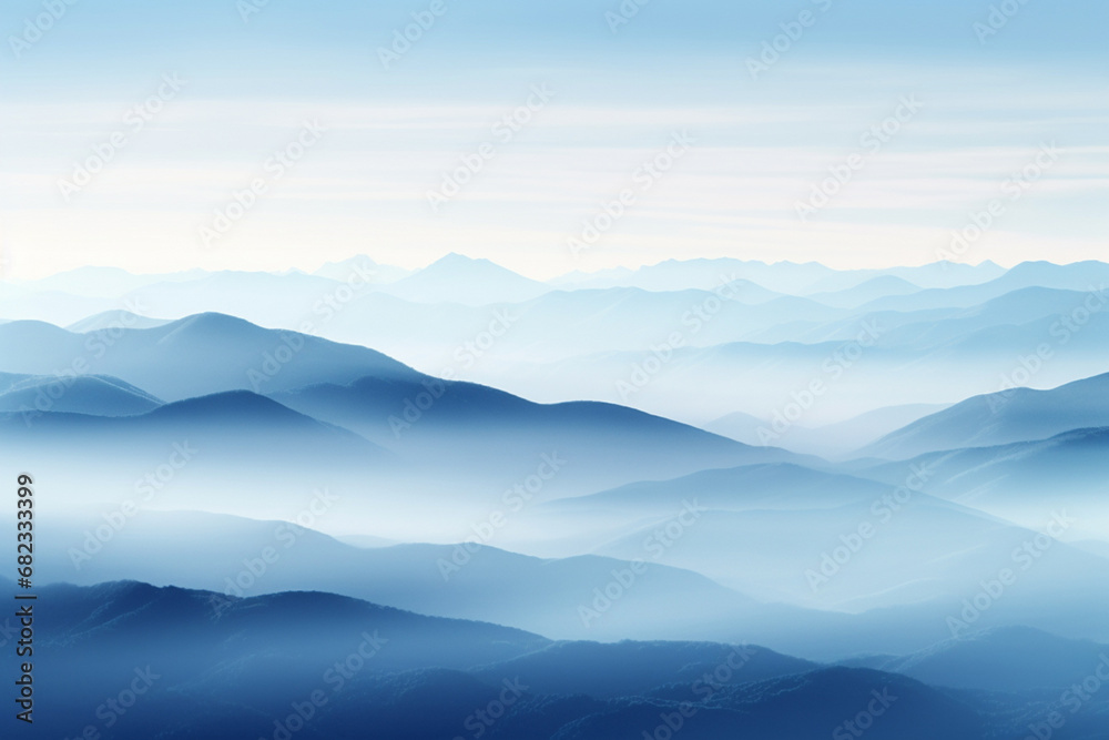 The scenic landscape view of many blue mountain ranges with fog of the morning and sunrise time along the sky horizon, calm and serene view. Generative AI.