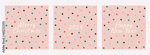 Set Merry Christmas and Happy New Year 2024 greeting cards in doodle style. Cute holiday festive square templates collection. Pastel colors. Vector illustration