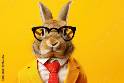  a rabbit wearing glasses and a suit with a red tie