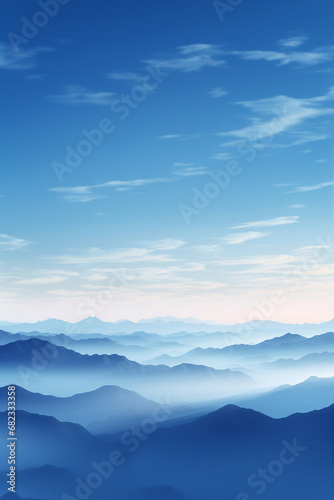 The scenic landscape view of many blue mountain ranges with fog of the morning and sunrise time along the sky horizon, calm and serene view. Generative AI. © Surachetsh
