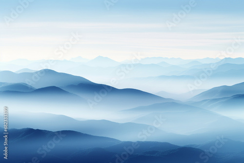 The scenic landscape view of many blue mountain ranges with fog of the morning and sunrise time along the sky horizon, calm and serene view. Generative AI. © Surachetsh
