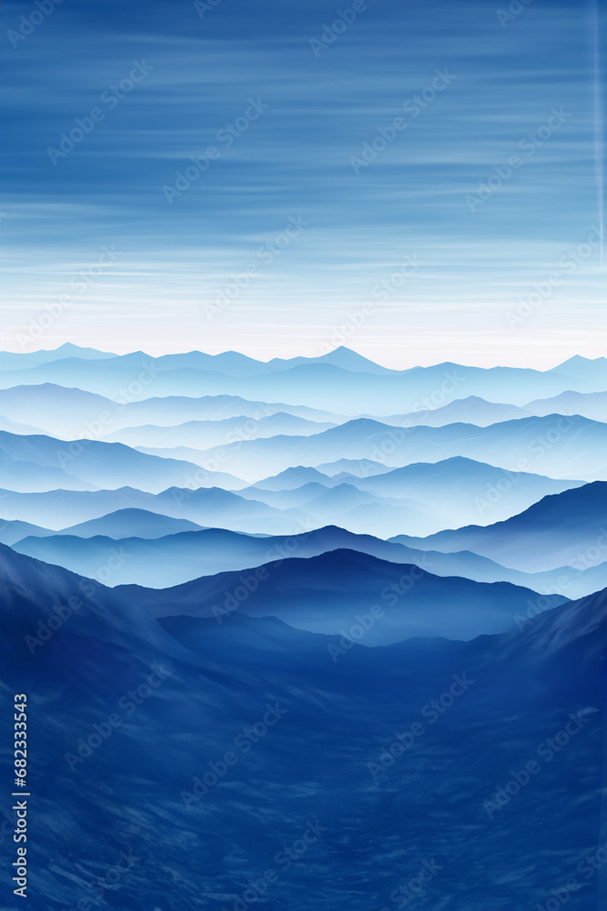 The scenic landscape view of many blue mountain ranges with fog of the morning and sunrise time along the sky horizon, calm and serene view. Generative AI.