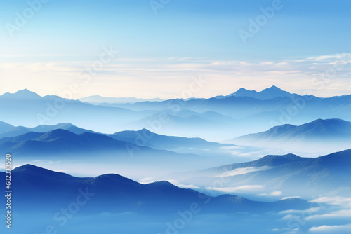 The scenic landscape view of many blue mountain ranges with fog of the morning and sunrise time along the sky horizon  calm and serene view. Generative AI.