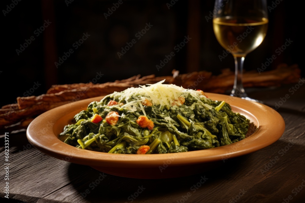 A Delicious Plate of Traditional Utica Greens, Garnished with Hot Peppers and Grated Cheese, Served on a Rustic Wooden Table with a Glass of Red Wine