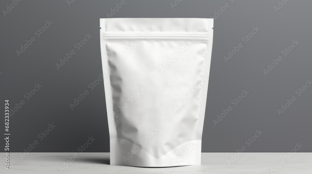 White paper biodegradable bag with zip lock. Packaging of tea, coffee and various food. Grey background. Copy space mockup for logo design or text. Generative AI. White paper biodegradable bag with zip lock. Packaging of tea, coffee and various food. Grey background. Copy space mockup for logo design or text. Generative AI.