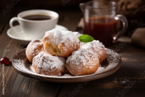 Freshly baked Zeppole dusted with powdered sugar, served on a rustic wooden table with a cup of espresso, reflecting the traditional Italian culinary experience photo